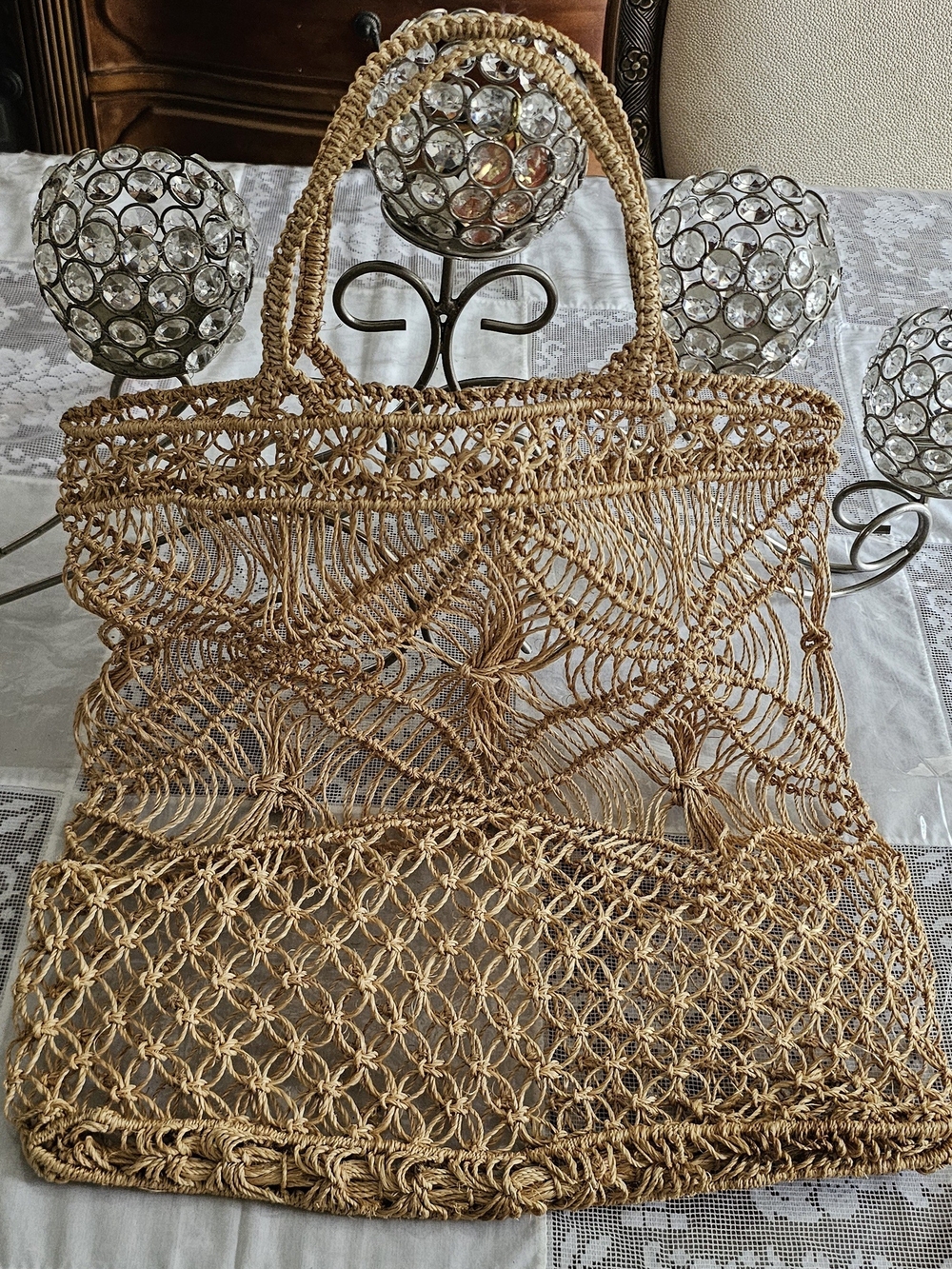 Woven Macramé Straw Tote Bag in Tan